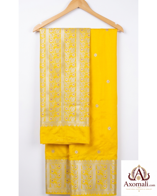 Semi Pat Mekhela Chador Lemon Yellow with Silver Zari