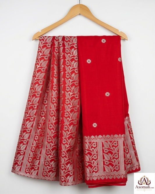 Semi Pat Mekhela Chador Red with Silver Zari