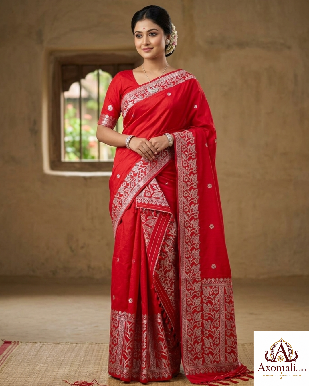 Semi Pat Mekhela Chador Red with Silver Zari