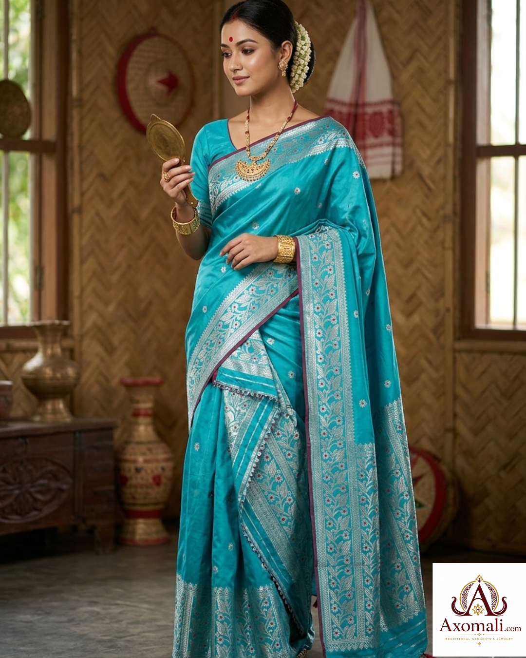 Semi Pat Mekhela Chador Turquoise with Silver Zari