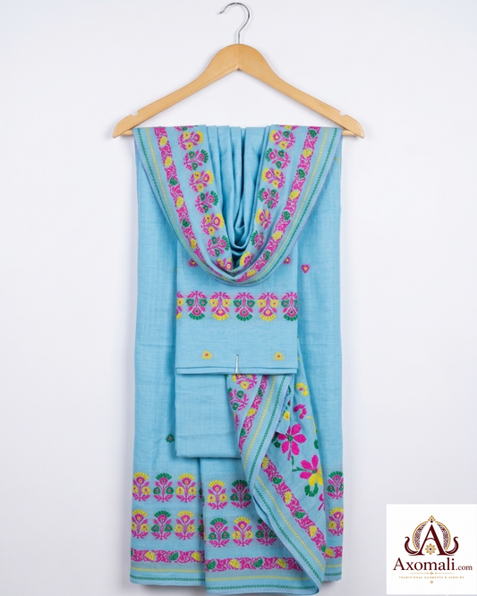 Kesa Cotton Mekhela Chador Sky Blue with Floral Embroidery