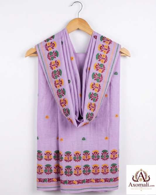 Kesa Cotton Mekhela Chador Lavender with Floral Embroidery