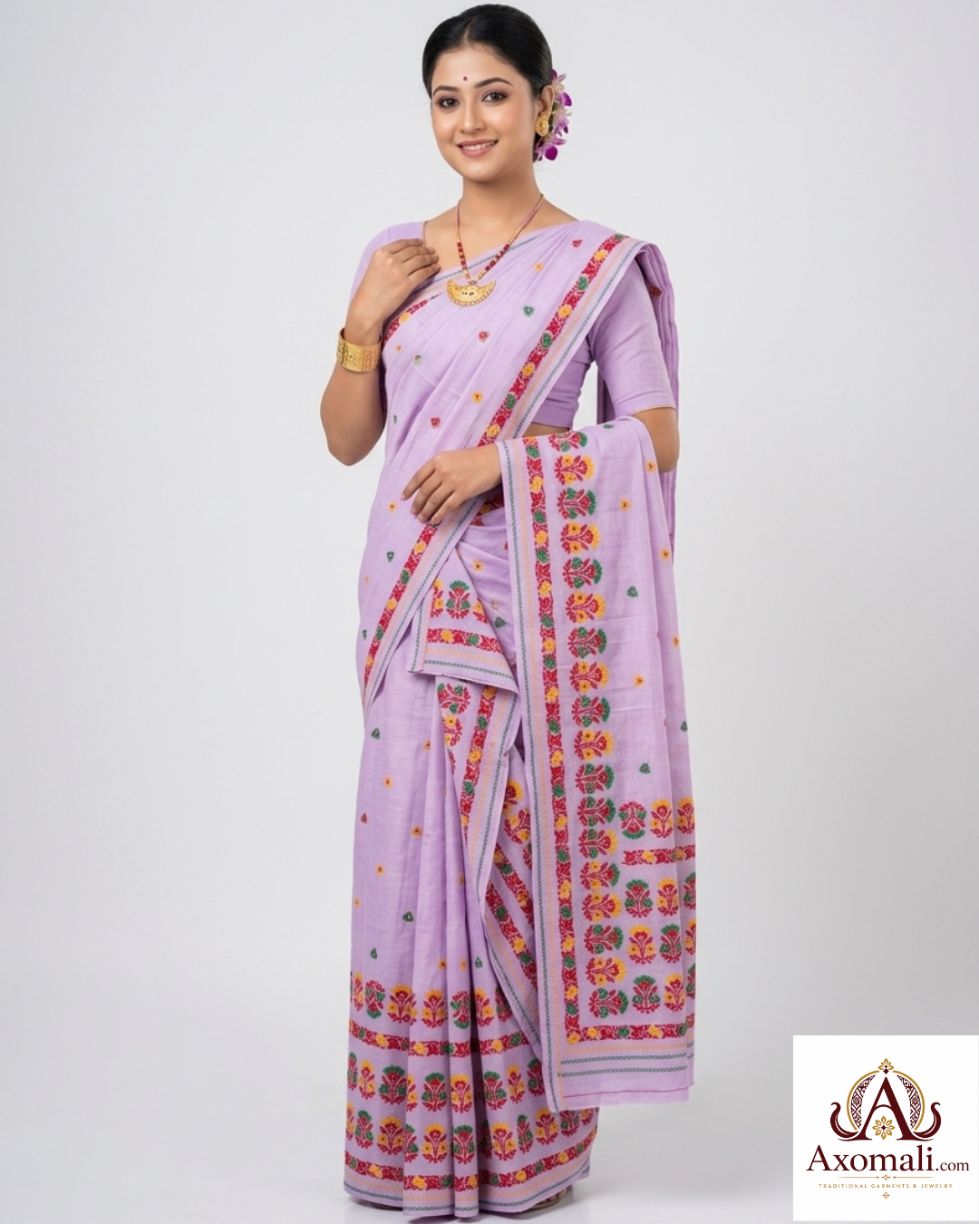 Kesa Cotton Mekhela Chador Lavender with Floral Embroidery
