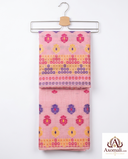 Kesa Cotton Mekhela Chador Pink with Floral Embroidery