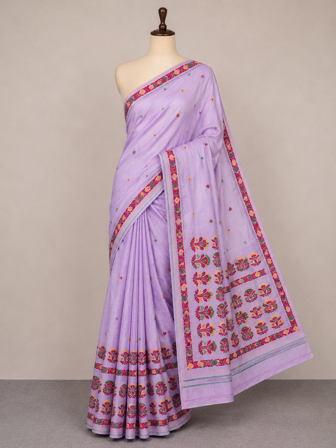 Kesa Cotton Mekhela Chador Lavender with Floral Embroidery