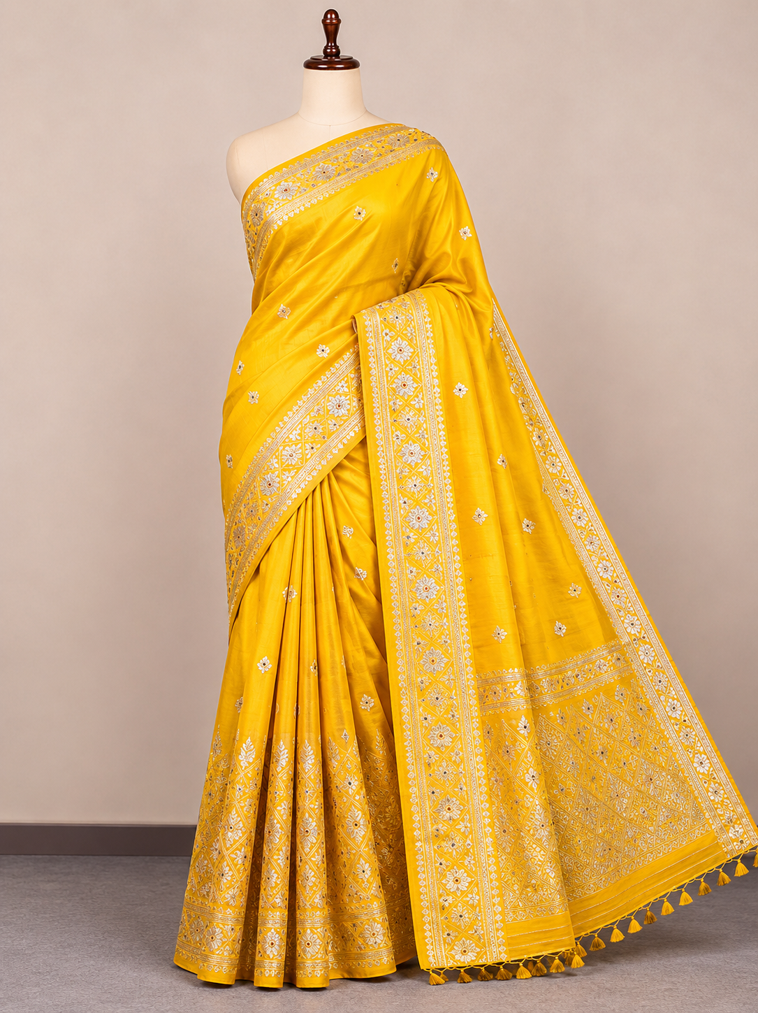 Semi Pat Mekhela Chador Lemon Yellow with Silver Zari