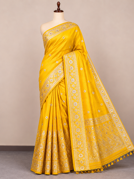 Semi Pat Mekhela Chador Lemon Yellow with Silver Zari