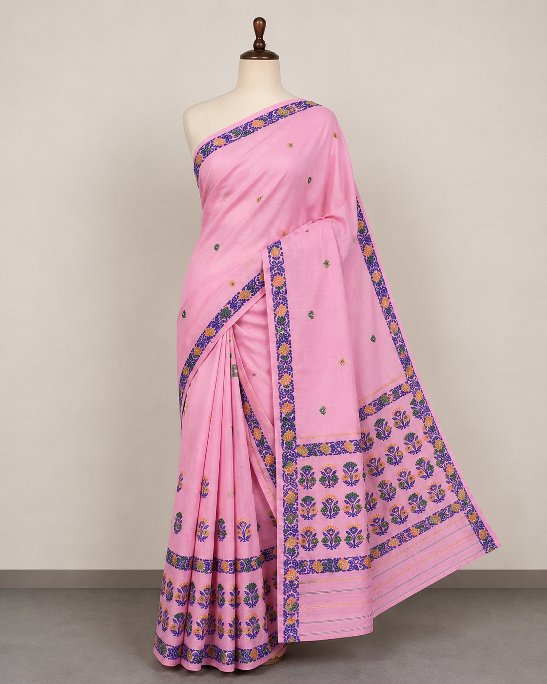 Kesa Cotton Mekhela Chador Pink with Floral Embroidery