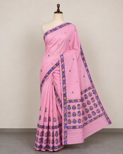 Kesa Cotton Mekhela Chador Pink with Floral Embroidery