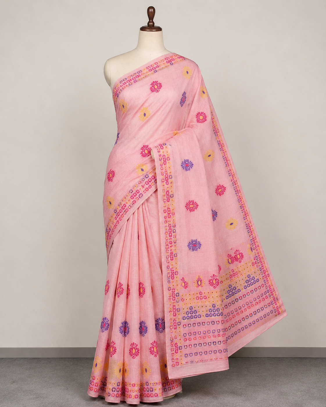 Kesa Cotton Mekhela Chador Pink with Floral Embroidery