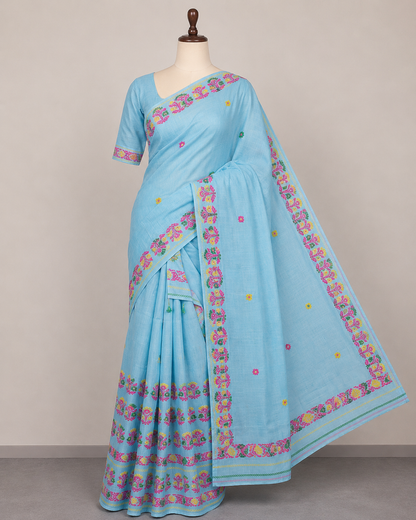 Kesa Cotton Mekhela Chador Sky Blue with Floral Embroidery