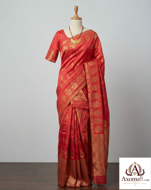 Semi Pat Mekhela Chador  Red with Gold Zari