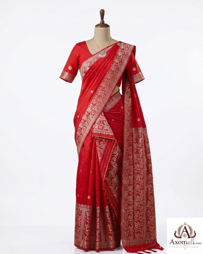 Semi Pat Mekhela Chador Red with Silver Zari