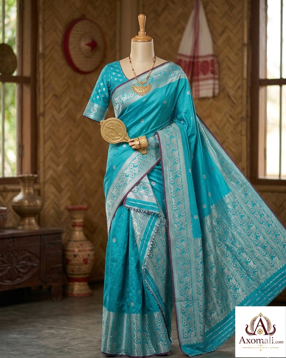 Semi Pat Mekhela Chador Turquoise with Silver Zari