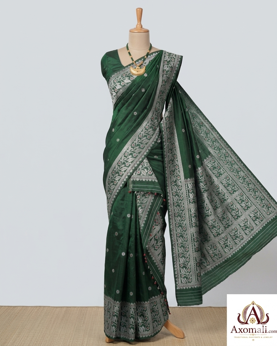 Semi Pat Mekhela Chador Bottle Green with Silver Zari