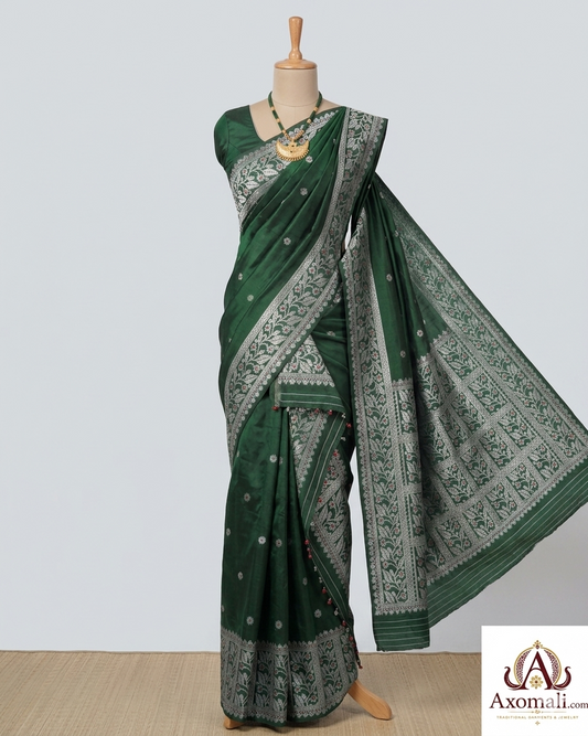 Semi Pat Mekhela Chador Bottle Green with Silver Zari