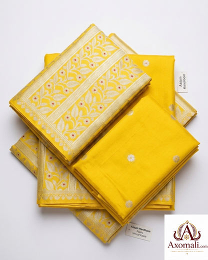 Semi Pat Mekhela Chador Lemon Yellow with Silver Zari