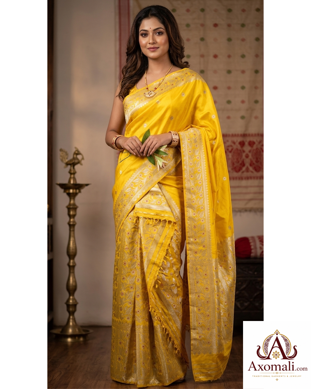 Semi Pat Mekhela Chador Lemon Yellow with Silver Zari