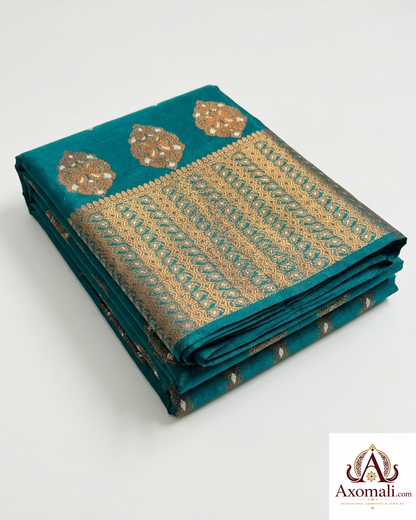 Semi Pat Mekhela Chador Rama Blue with Copper Zari