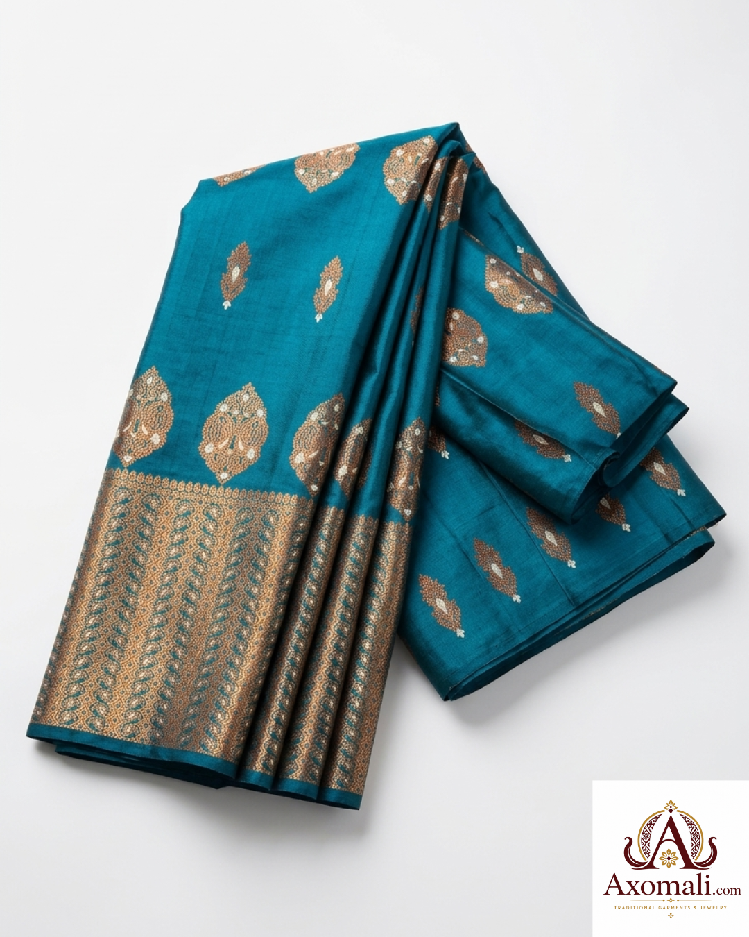 Semi Pat Mekhela Chador Rama Blue with Copper Zari