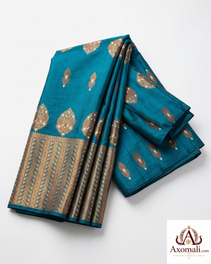 Semi Pat Mekhela Chador Rama Blue with Copper Zari