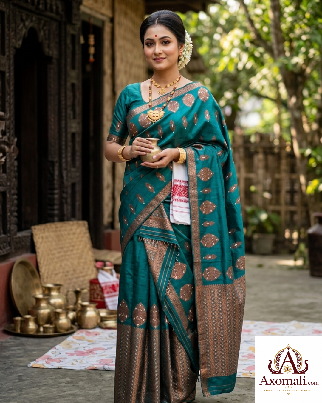 Semi Pat Mekhela Chador Rama Blue with Copper Zari