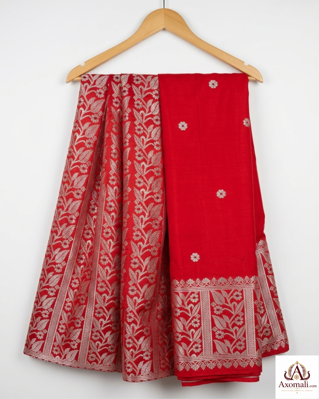 Semi Pat Mekhela Chador Red with Silver Zari