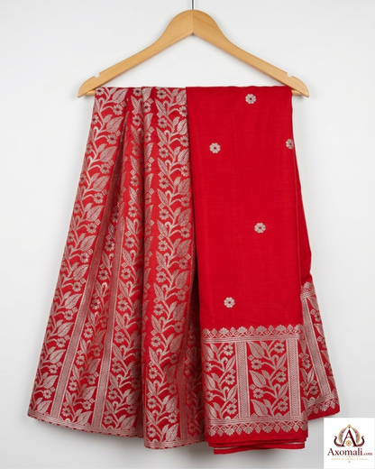 Semi Pat Mekhela Chador Red with Silver Zari