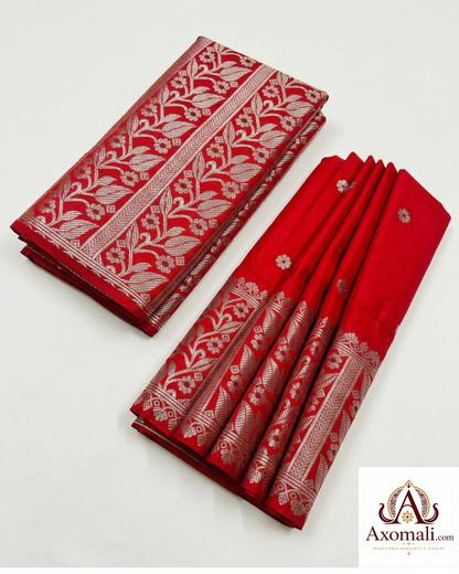 Semi Pat Mekhela Chador Red with Silver Zari