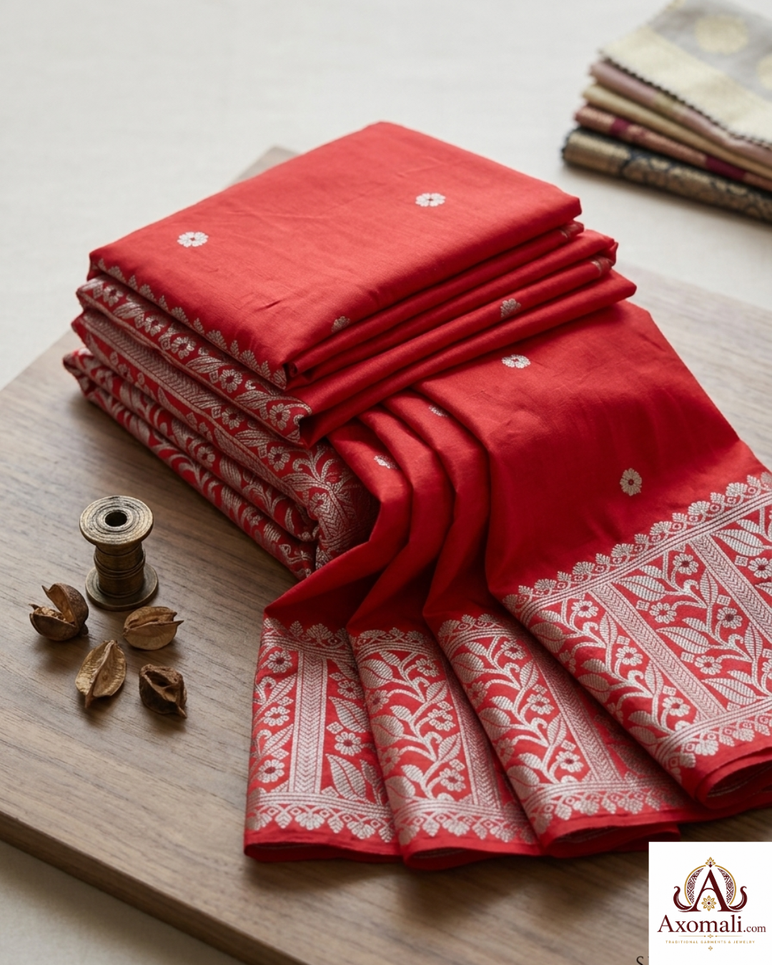 Semi Pat Mekhela Chador Red with Silver Zari