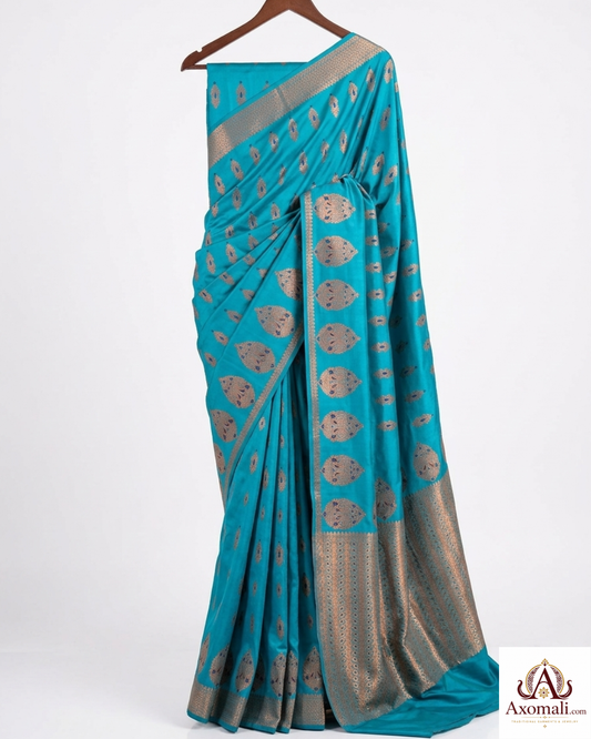 Semi Pat Mekhela Chador Turquoise with Copper Zari