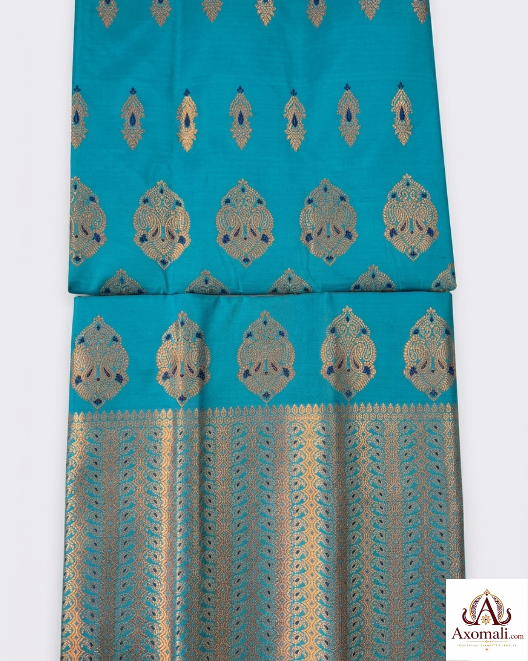Semi Pat Mekhela Chador Turquoise with Copper Zari