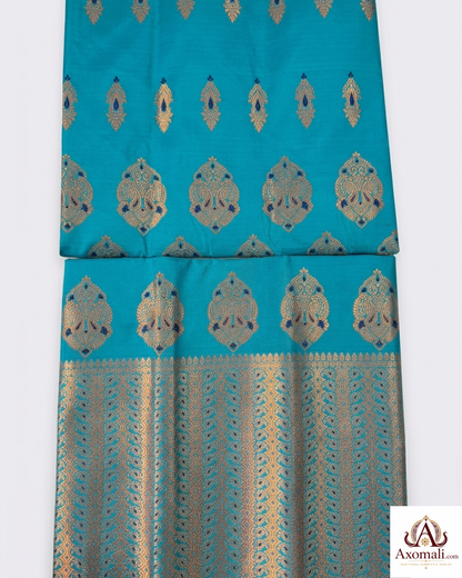 Semi Pat Mekhela Chador Turquoise with Copper Zari