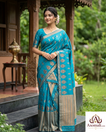 Semi Pat Mekhela Chador Turquoise with Copper Zari