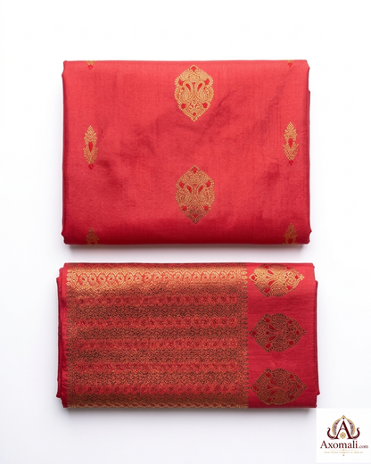 Semi Pat Mekhela Chador  Red with Gold Zari
