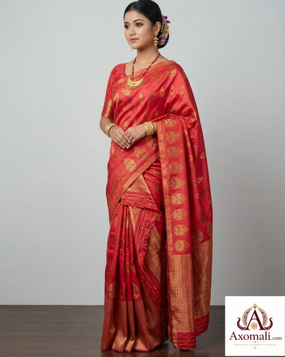 Semi Pat Mekhela Chador  Red with Gold Zari