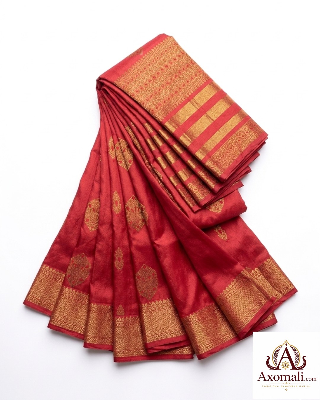 Semi Pat Mekhela Chador  Red with Gold Zari