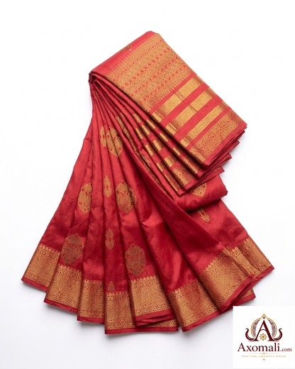 Semi Pat Mekhela Chador  Red with Gold Zari
