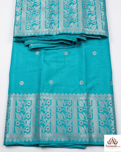 Semi Pat Mekhela Chador Turquoise with Silver Zari