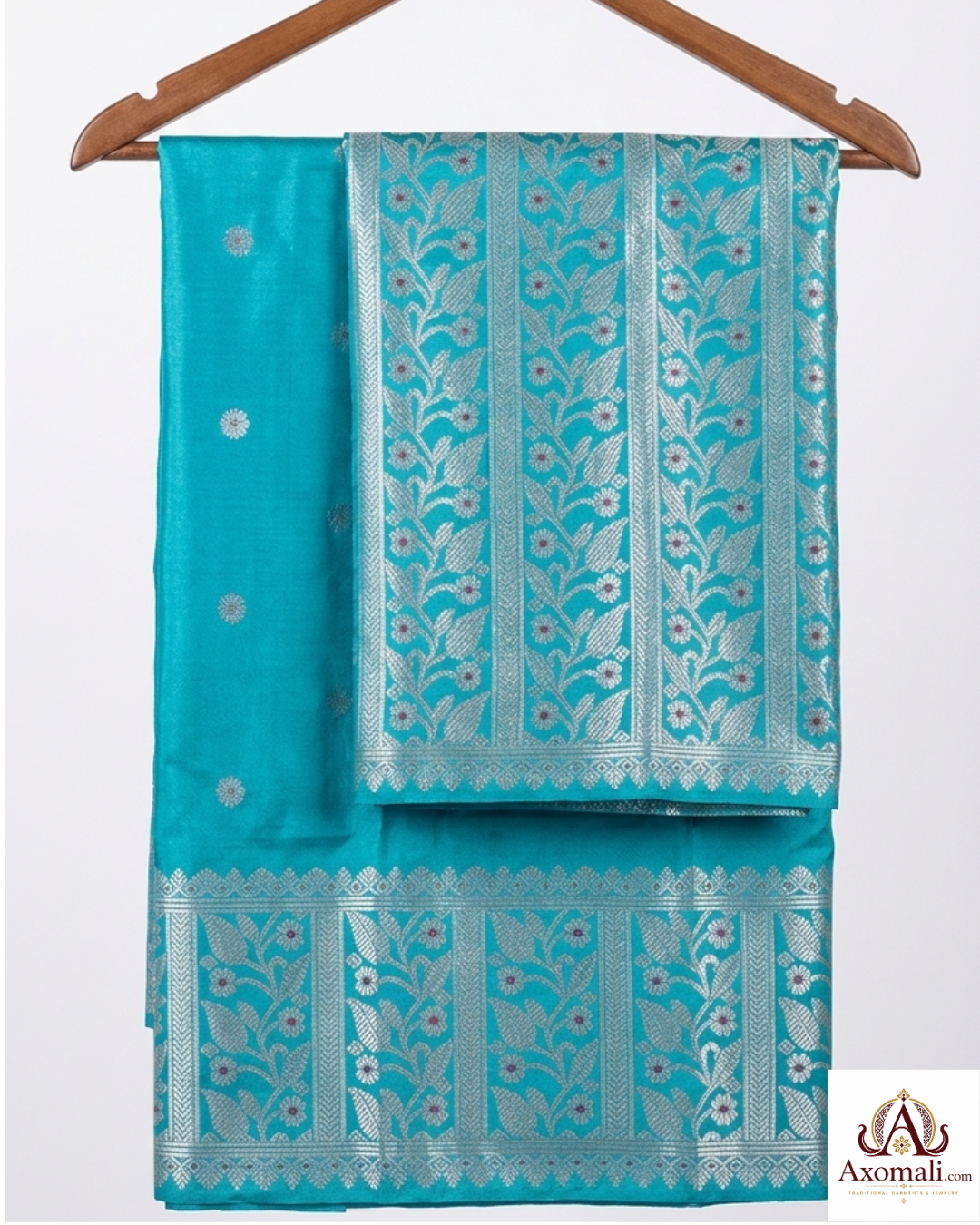 Semi Pat Mekhela Chador Turquoise with Silver Zari