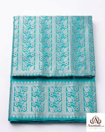 Semi Pat Mekhela Chador Turquoise with Silver Zari