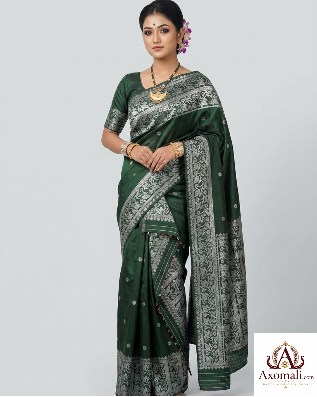 Semi Pat Mekhela Chador Bottle Green with Silver Zari