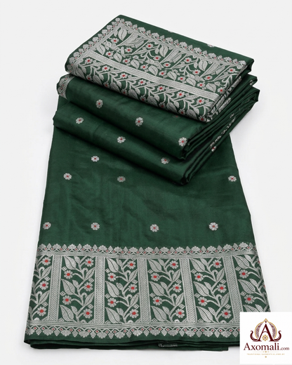 Semi Pat Mekhela Chador Bottle Green with Silver Zari