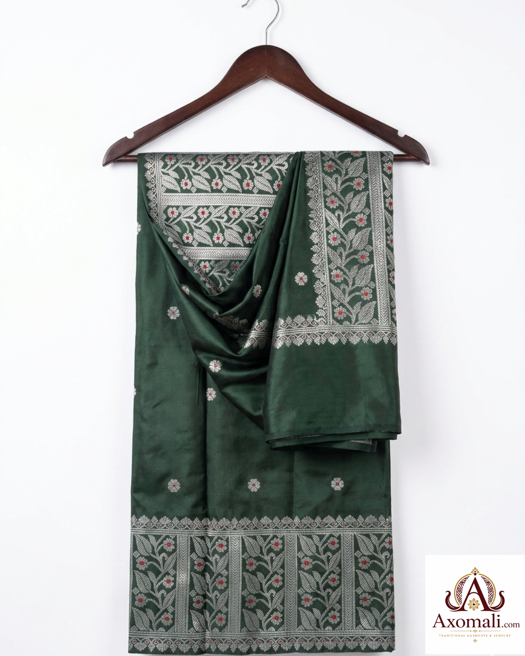 Semi Pat Mekhela Chador Bottle Green with Silver Zari