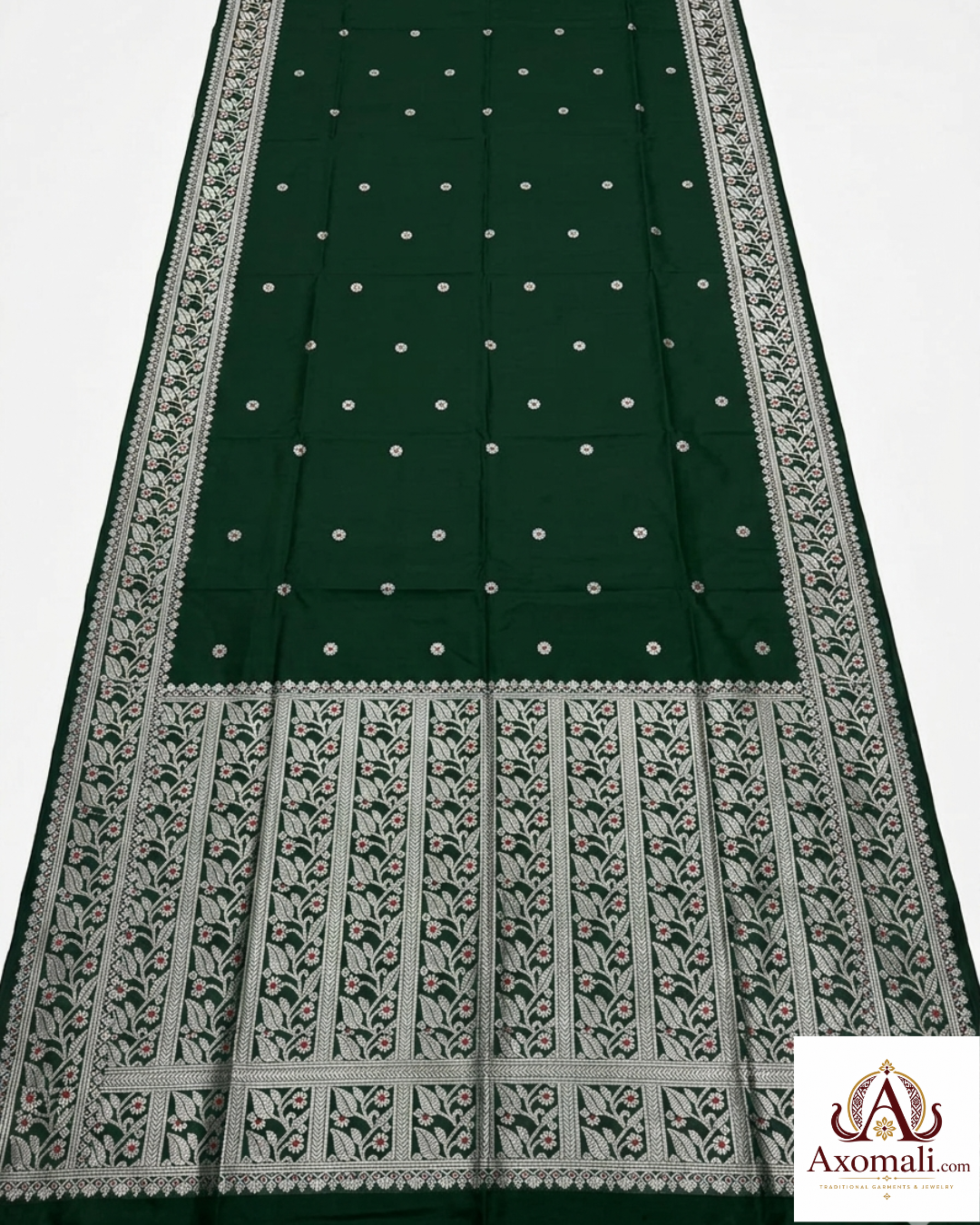 Semi Pat Mekhela Chador Bottle Green with Silver Zari