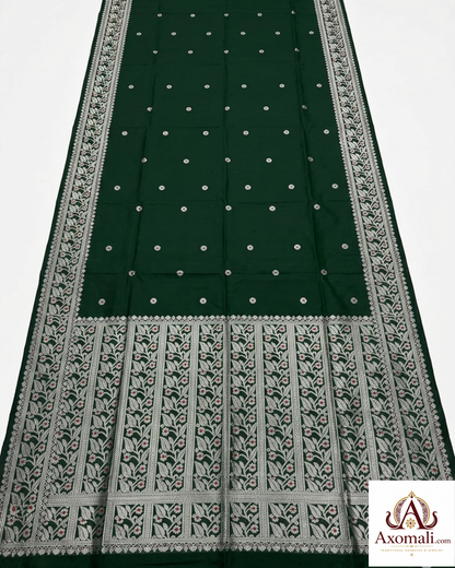Semi Pat Mekhela Chador Bottle Green with Silver Zari