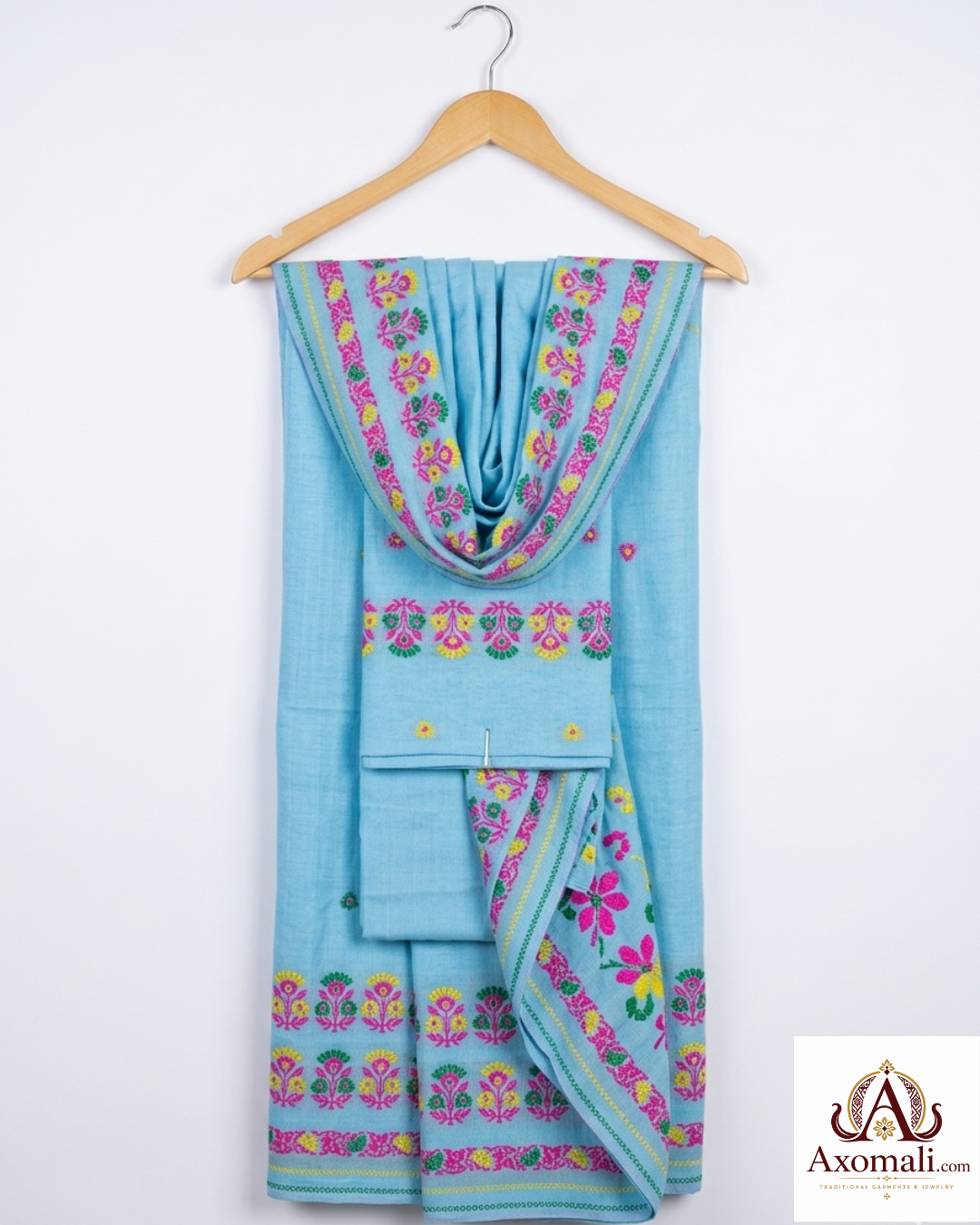 Kesa Cotton Mekhela Chador Sky Blue with Floral Embroidery