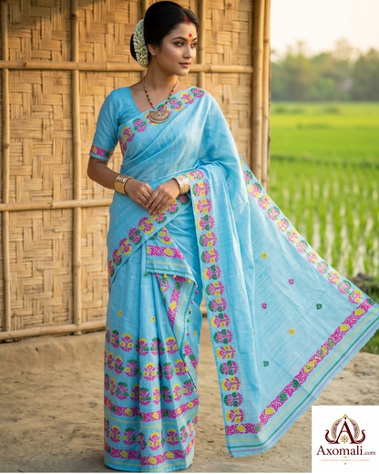 Kesa Cotton Mekhela Chador Sky Blue with Floral Embroidery