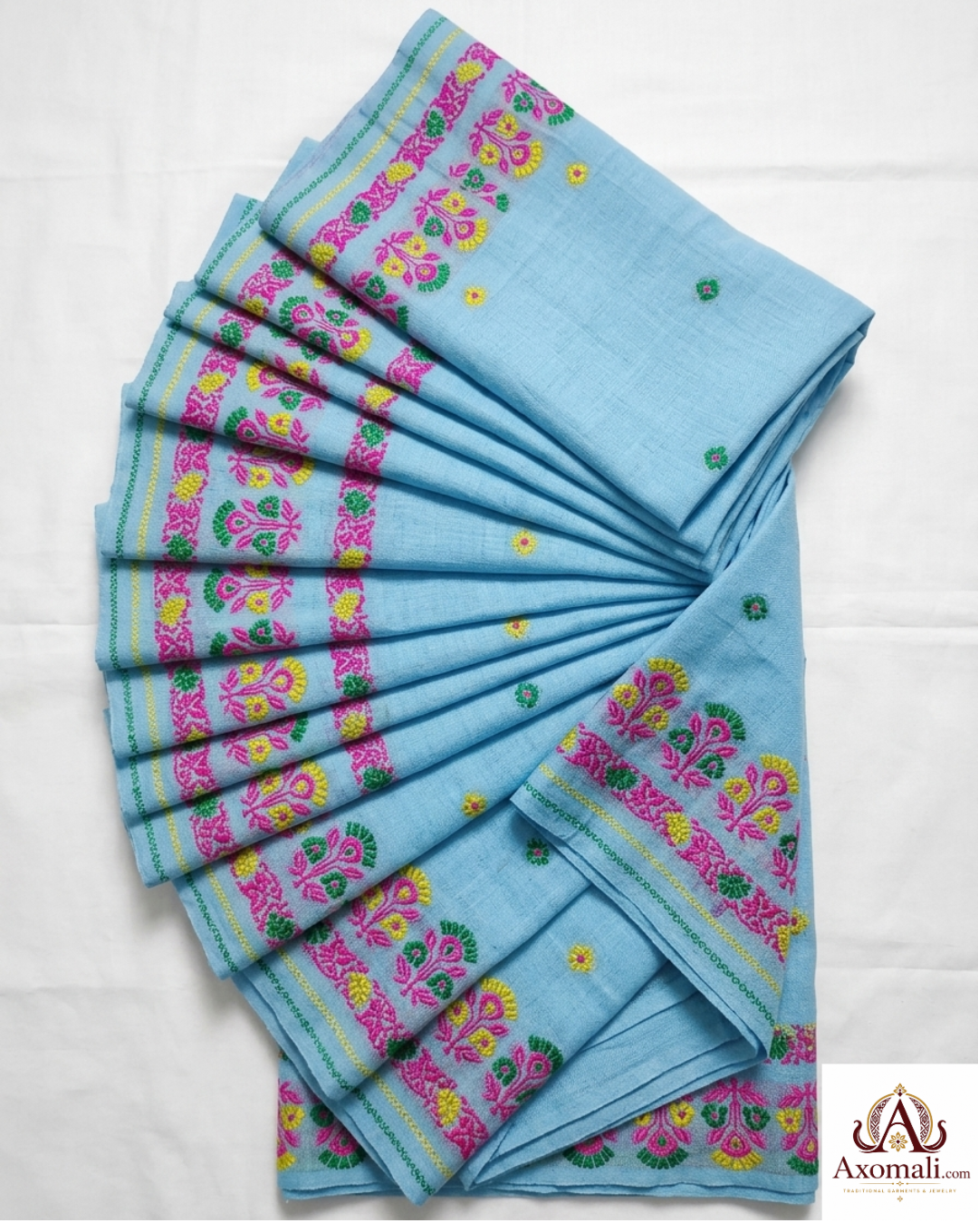 Kesa Cotton Mekhela Chador Sky Blue with Floral Embroidery