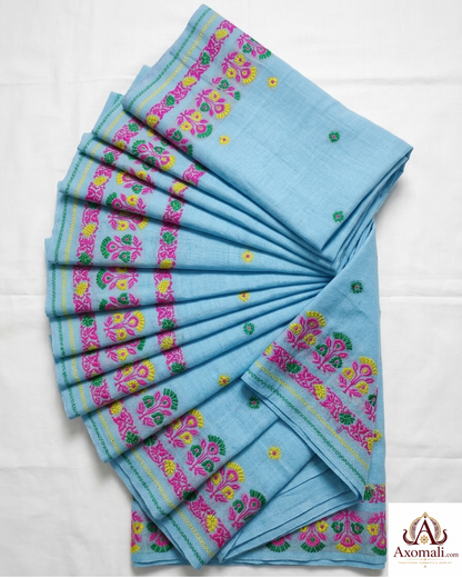 Kesa Cotton Mekhela Chador Sky Blue with Floral Embroidery